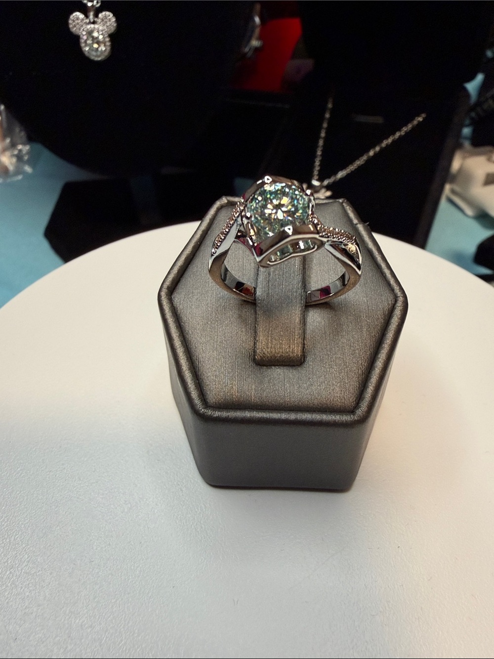 Aqua Green Moissanite Solitaire Ring with Pavé Accents